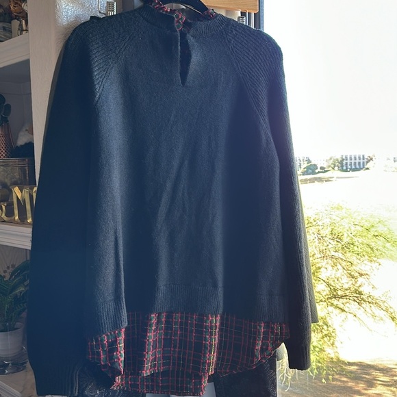 Loft Black red green gold Plaid Layered Mixed Media Cable Sweater keyhole size L - Picture 7 of 12